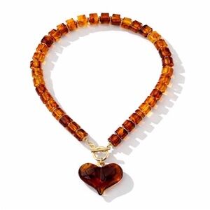 New! Amber Lucite Heart Beaded Necklace (2010) NWOT